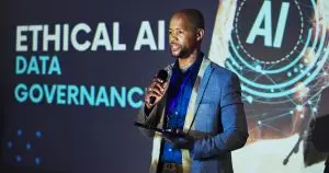 Illustrative image of a speaker presenting on AI, representing the Africa AI Conference 2025 focused on AI ISO compliance and emerging AI technologies.